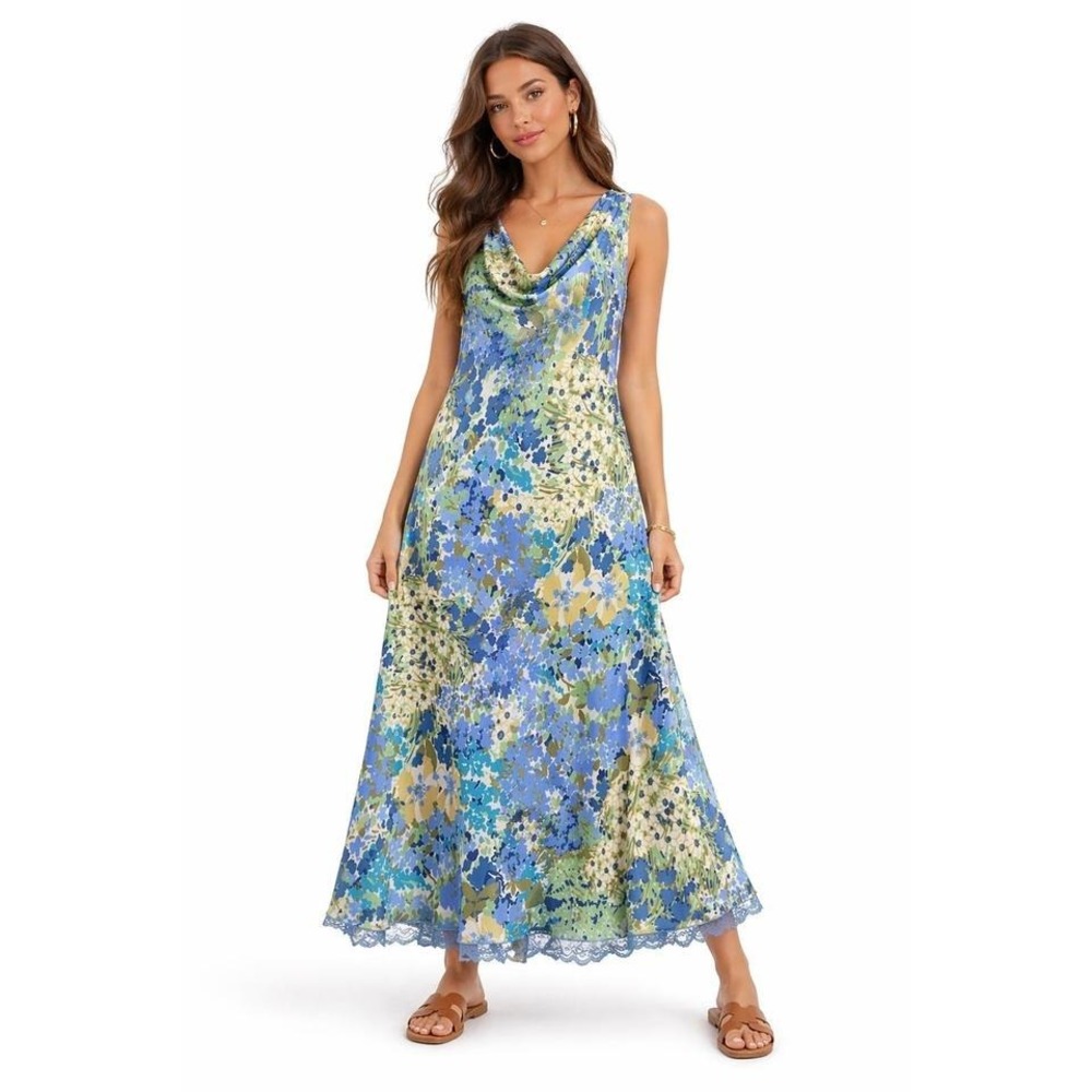 Floral Cowl Neck Maxi Dress Cottagecore Sleeveless Lace Trim Hem Slip Dress